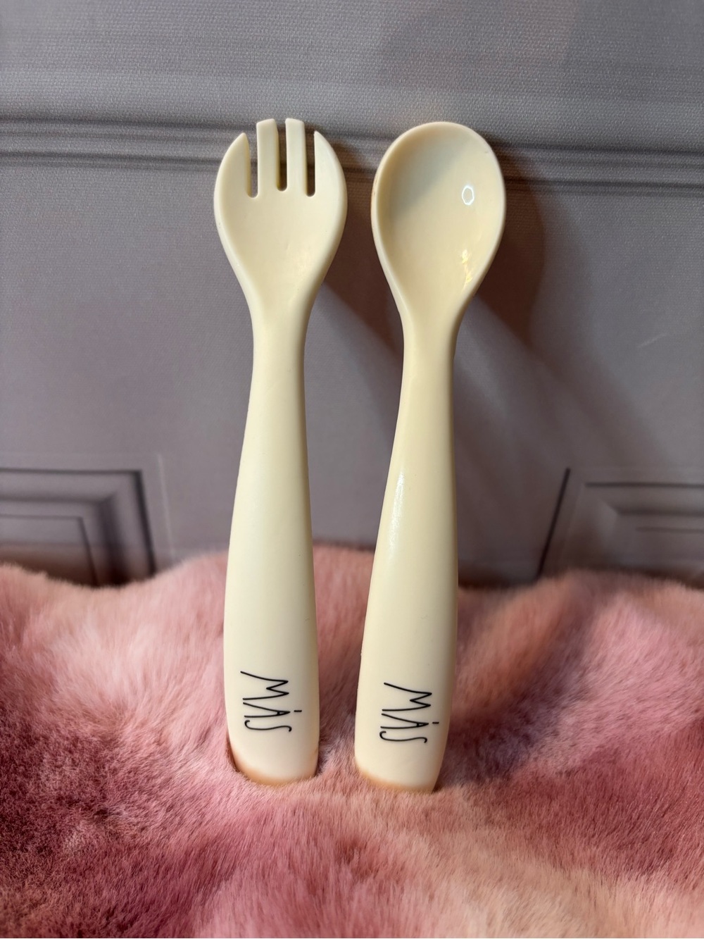 RAE Dunn “MÁS” Cream Baby Silicone Fork & Spoon Set - 5.5 inches long